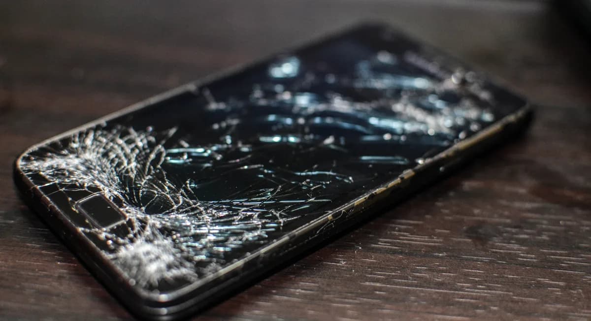 Smartphone s úplně rozbitým displejem položený na dřevěném stole